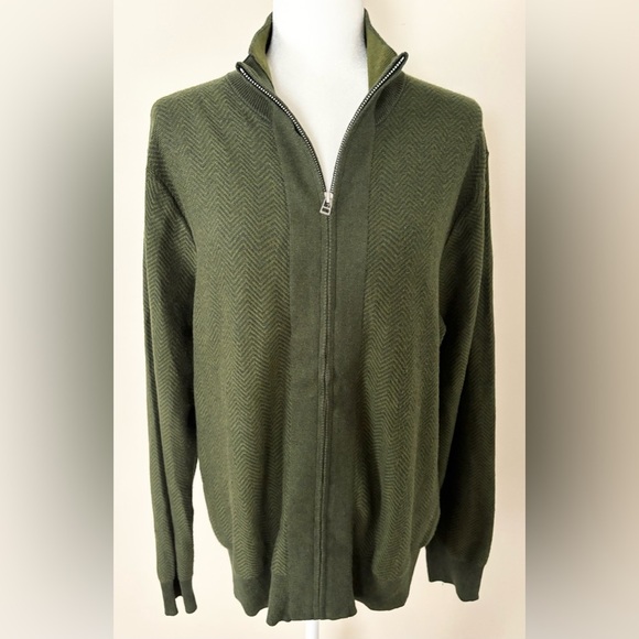 Bonobos Dark Green Herringbone Cotton Cashmere Blend Full Zip Sweater - Picture 8 of 12